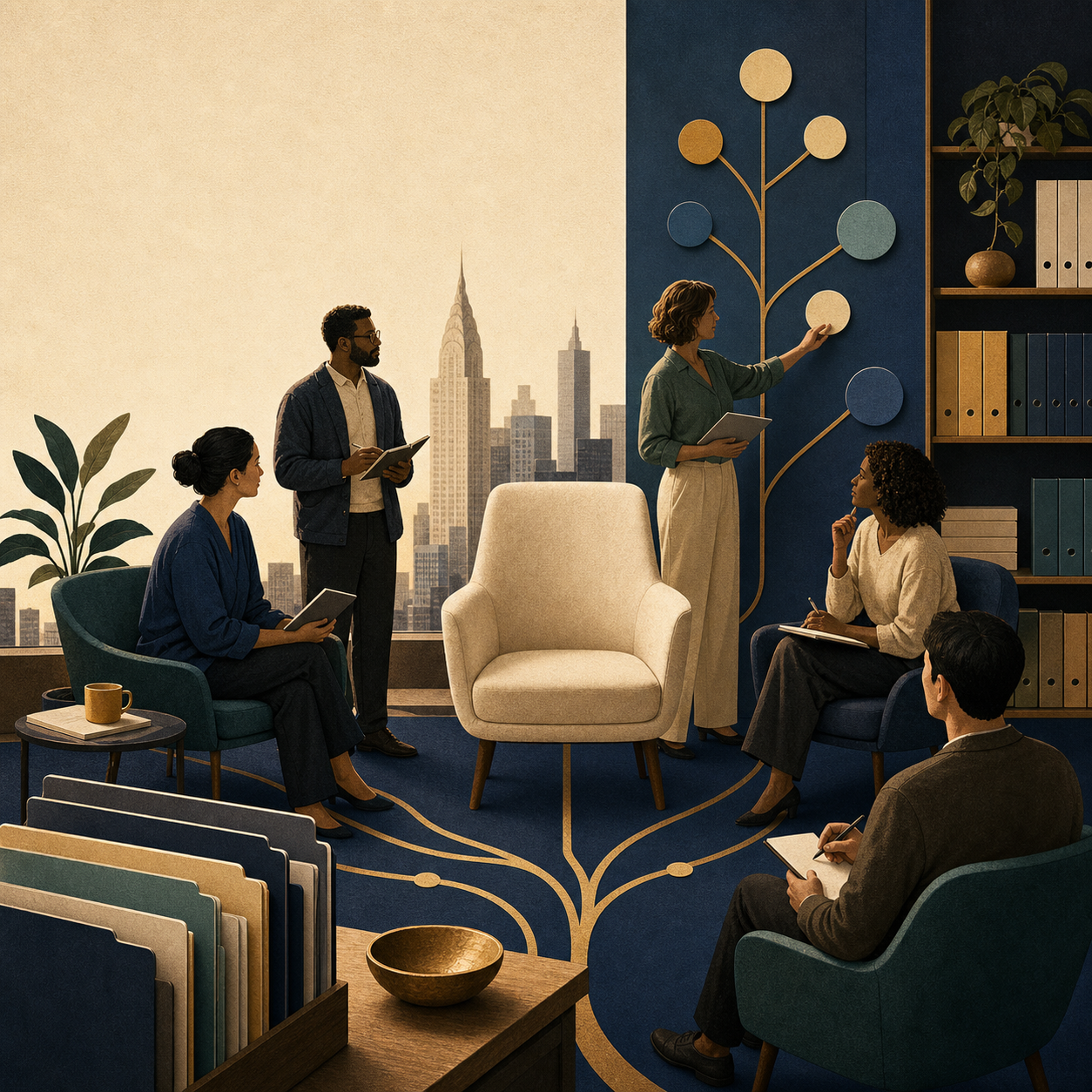 A New York therapy office organized around one central chair, with clinicians connected through a branching practice system